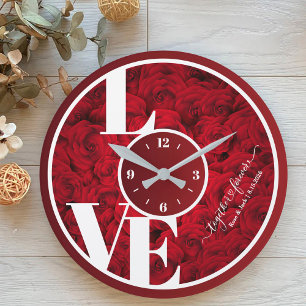 Rote Rosen Elegante Liebe Typografie Couple Valent Große Wanduhr