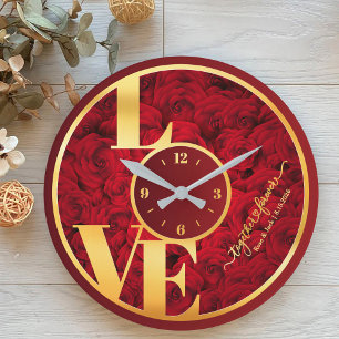Rote Rosen Elegante Liebe Typografie Couple Valent Große Wanduhr