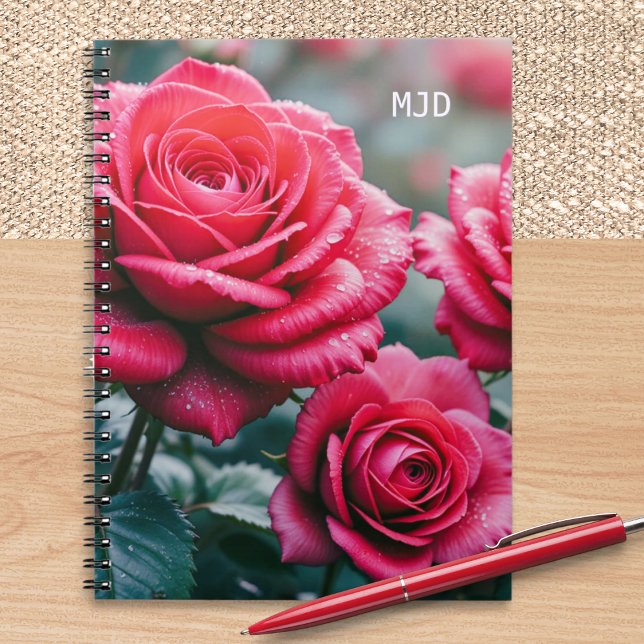 Rote Rosen Elegante Mit Monogramm Blumenspirale Notizblock (A beautiful spiral-bound notebook with red roses picture on the cover and custom monogram initials)