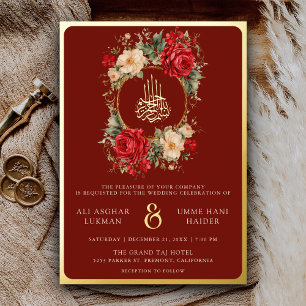 Rote Rosen Elfenbein Blume Maroon Moslem Hochzeit Folieneinladung