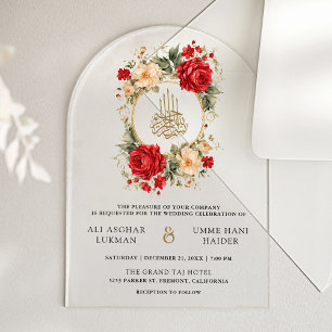 Rote Rosen Elfenblumen Gold Muslimische Hochzeit Acryleinladungen