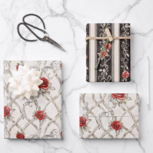 Rote Rosen Falsches Holz Florale Hochzeit Geschenkpapier Set
