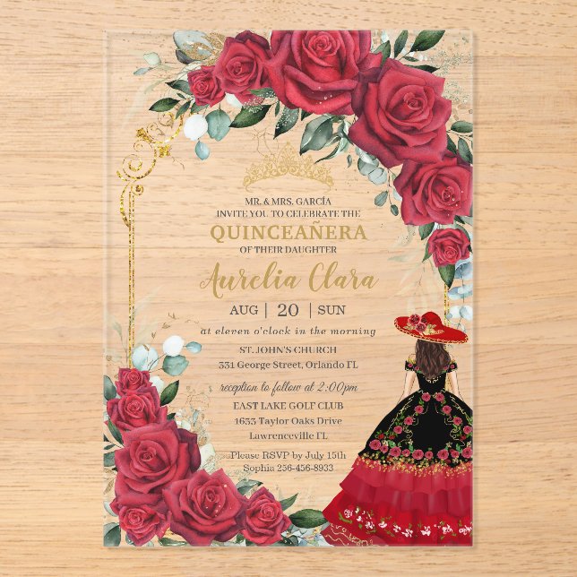 Rote Rosen Floral Black Charro Kleid Quinceañera Acryleinladungen