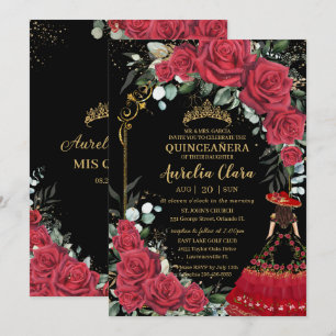 Rote Rosen Floral Black Charro Quinceañera Einladung