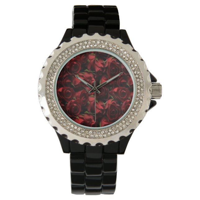 Rote Rosen Floral Black Watch Armbanduhr (Vorderseite)