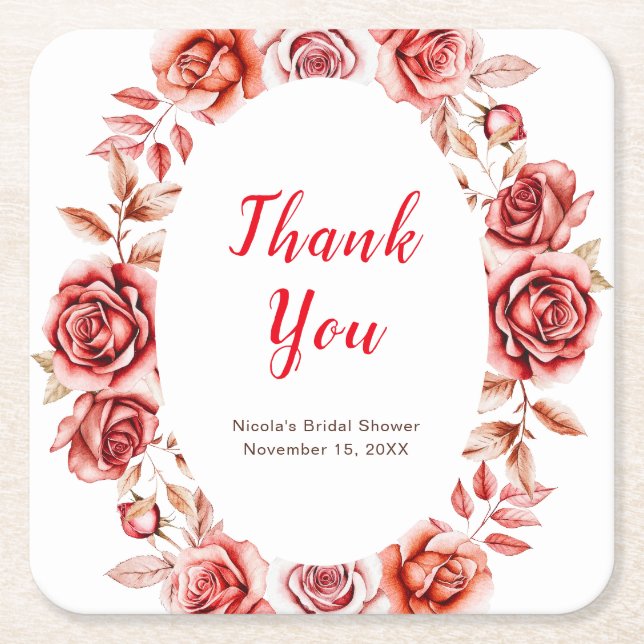 Rote Rosen Floral Brautparty Square Papierstreifen Rechteckiger Pappuntersetzer (Vorderseite)