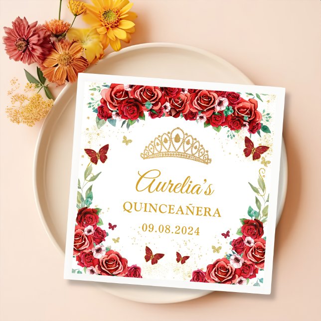 Rote Rosen Floral Butterfliegen Quinceanera Napkin Serviette (Von Creator hochgeladen)