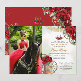 Rote Rosen Floral Charro Boots Quinceañera Bild Einladung
