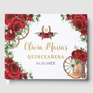 Rote Rosen Floral Charro Cowboy Boots Quinceanera Gästebuch