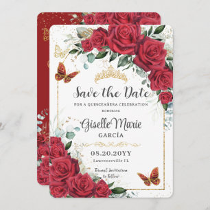 Rote Rosen Floral Gold Quinceañera Butterflies Arc Save The Date