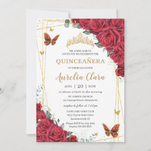 Rote Rosen Floral Gold Schmetterlinge Quinceanera  Einladung