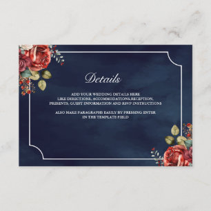 Rote Rosen Floral Navy Blau Hochzeitsdetails Begleitkarte