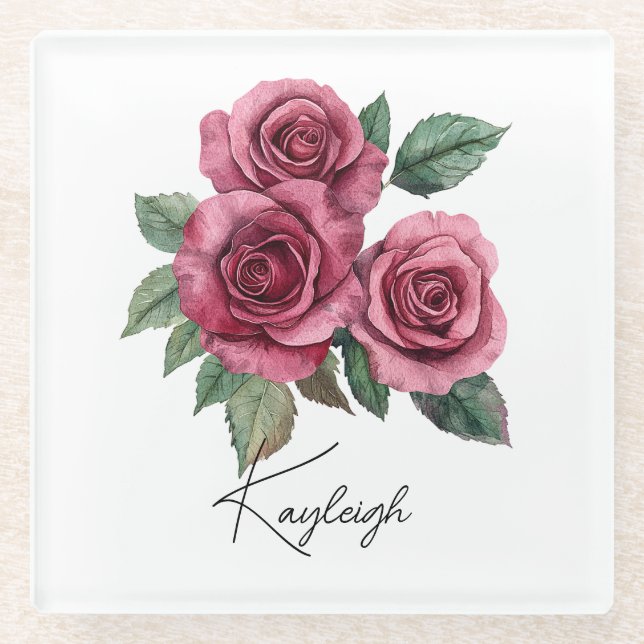 Rote Rosen Floral Personalisiert Glasuntersetzer (Vorderseite)