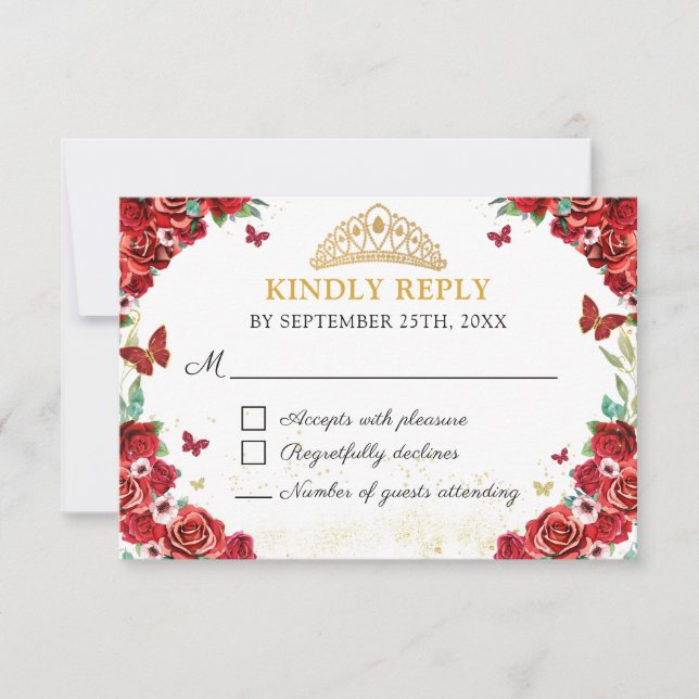 Rote Rosen Floral Quinceañera Butterfells RSVP-Kar RSVP Karte (Vorderseite)