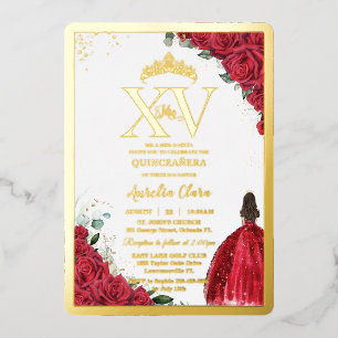 Rote Rosen Floral Quinceañera Quince 15 XV Gold Folieneinladung