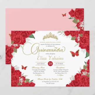 Rote Rosen Floral Tiara Butterfly Quinceanera Einladung