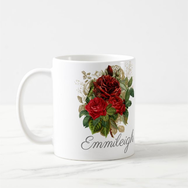Rote Rosen Florale Elegante Vintage Name Kaffeetasse (Links)