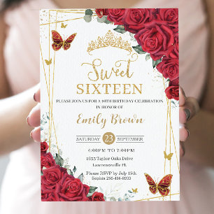 Rote Rosen Florale Gold Schmetterlinge Sweet Sixte Einladung