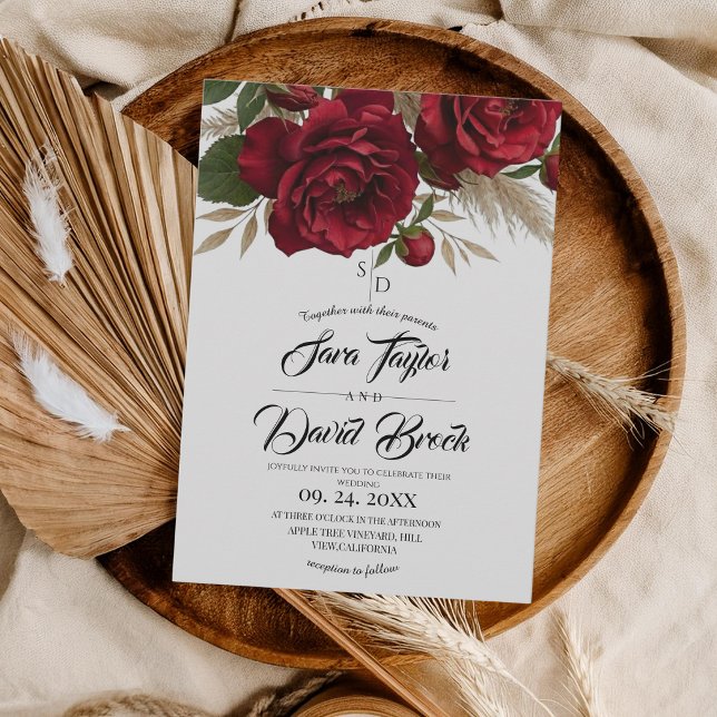 Rote Rosen Florale Moderne Boho-Hochzeit Einladung (Von Creator hochgeladen)