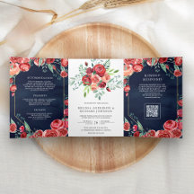 Rote Rosen Florale QR-Code Navyblaue Hochzeit