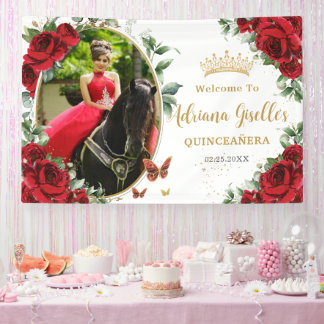 Rote Rosen Florale Schmetterlinge Quinceañera Foto Banner