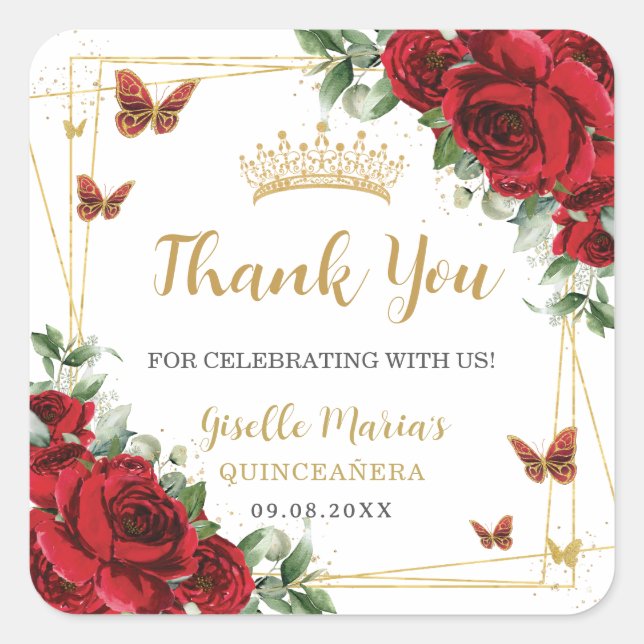 Rote Rosen Florale Schmetterlinge Quinceanera Swee Quadratischer Aufkleber (Vorderseite)