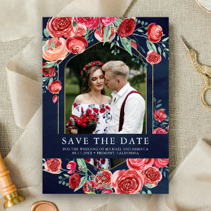 Rote Rosen Florales Foto Navy Blau Hochzeit Save The Date