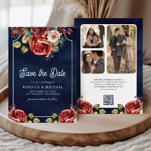 Rote Rosen Florales Foto QR Code Marineblau Hochze Save The Date