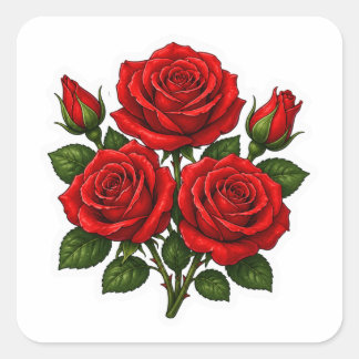 Rote Rosen Florales Romantisches Hintergrund-Stick Quadratischer Aufkleber