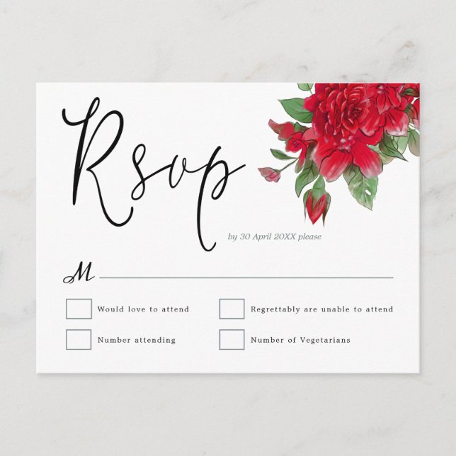 Rote Rosen Florals Leaf Script Wedding RSVP Postkarte (Vorderseite)