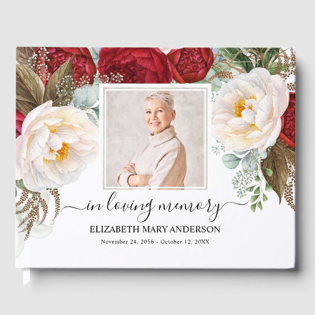 Rote Rosen Foto Beileid Beerdigung Wasserfarbe Gästebuch (Vorderseite)