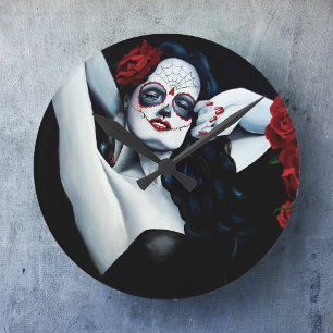 Rote Rosen für den Zuckerschädel Runde Wanduhr