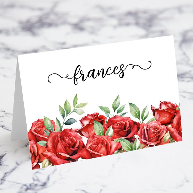 Rote Rosen für Wasserfarben Skriptname Platzkarten Tischnummer (Watercolor Red Roses Script Individual Guest Name Wedding Place Cards)