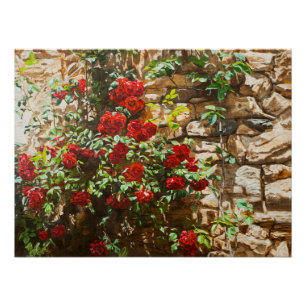 Rote Rosen gegen eine Steinmauer Poster