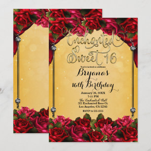 Rote Rosen Gelb & Gold Süße 16 16. Party Einladung