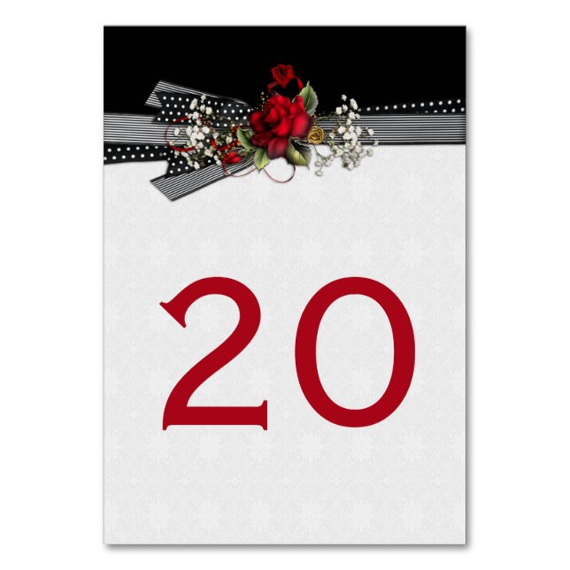 Rote Rosen Gipskraut Schwarze Ribbons Tischkarten Tischnummer (Vorderseite)