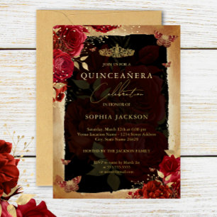 Rote Rosen-Gold-Blumen-Schmetterlings-Tiara Quince Folieneinladung