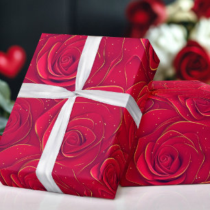 Rote Rosen Gold Border Romantisches Valentine Geschenkpapier