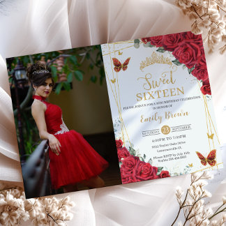 Rote Rosen Gold Butterfets 16 . Geburtstag Foto Einladung