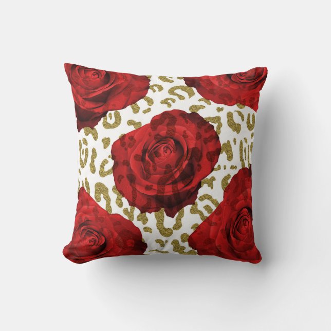 Rote Rosen Gold Cheetah Leopard Tierwerbung Kissen (Vorderseite)