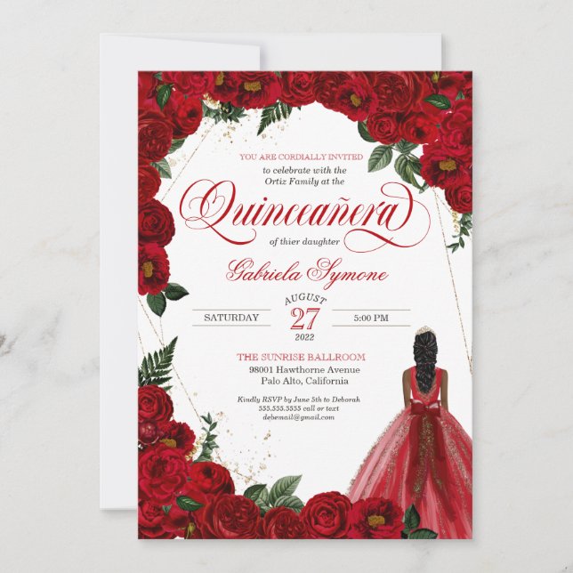 Rote Rosen & Gold Extravaganter Roter Basen Quince Einladung (Vorderseite)