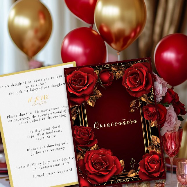Rote Rosen Gold Frame Quinceañera Foil Einladung (Von Creator hochgeladen)