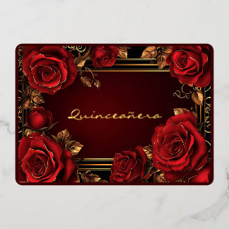 Rote Rosen Gold Frame Quinceañera Foil Einladung