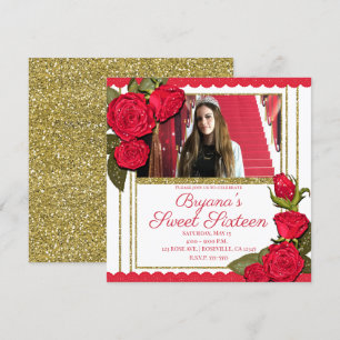 Rote Rosen Gold Glitter Süße 16 Geburtstagsfeier Einladung