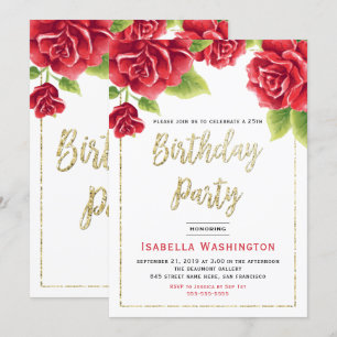 Rote Rosen & Gold Glitzer Geburtstagsparty Einladung