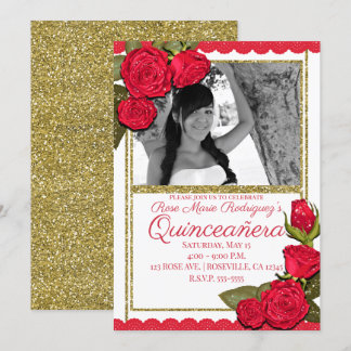 Rote Rosen Gold Glitzer Quinceñera Geburtstagspart Einladung