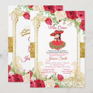 Rote Rosen & Gold Miss Quinceñera Mexikanerin Einladung