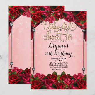 Rote Rosen Gold & Pink Sweet 16 16. Party Einladung