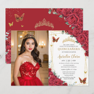 Rote Rosen Gold Schmetterlinge Quinceanera Foto Einladung