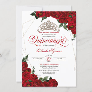 Rote Rosen & Gold Tiara Elegantes Quinceñera Einladung
